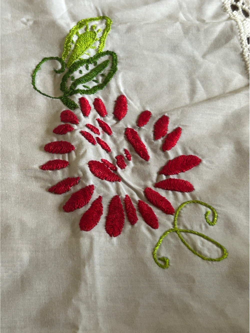 Vintage Embroidered Linen Tablecloth with Crochet Edge